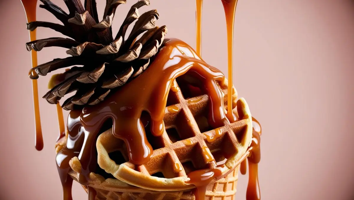 A close-up image shows a waffle cone topped with a pinecone and drizzled with caramel sauce, set against a soft pink…