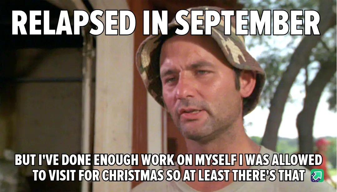 A man wearing a camouflage bucket hat looks weary and resigned, with large white text overlaid at the top reading 'RELAPSED…