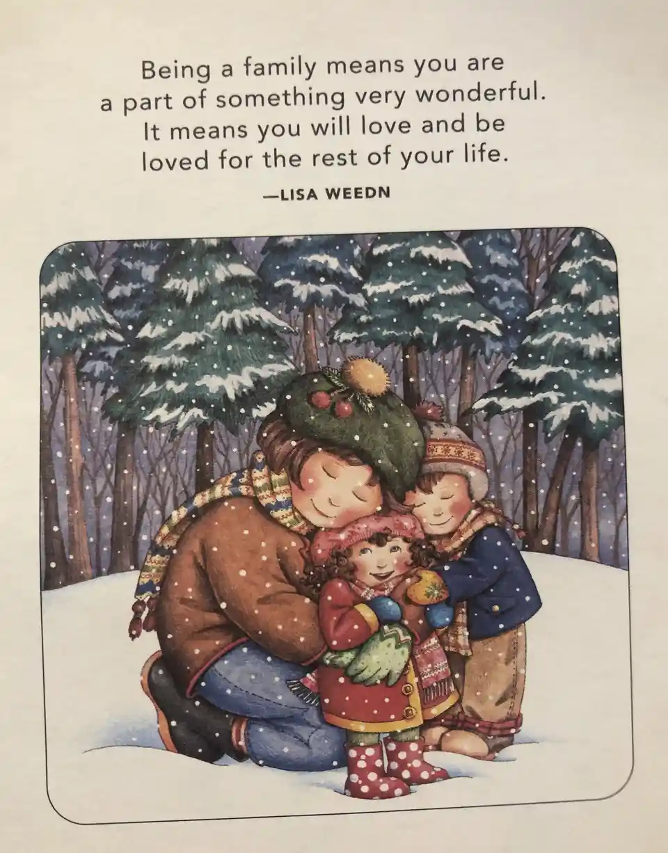 An illustration shows a woman and two children warmly hugging in a snowy forest, all wearing winter clothes and smiling…