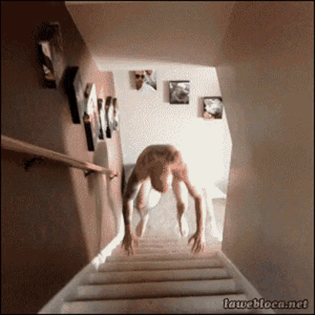 A six-panel grid shows a person crawling up a staircase, progressively becoming more distorted and glowing with each frame…