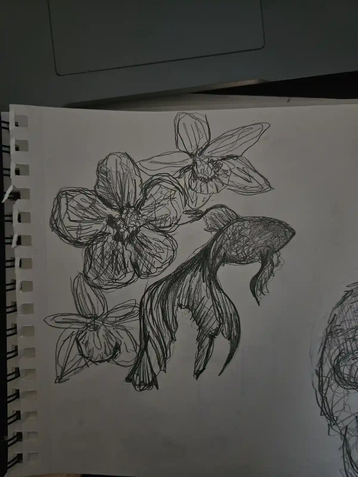 A sketchbook page shows rough pencil drawings of flowers and a betta fish, with the fish's tail blending into the petals of…