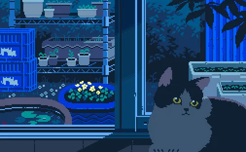 A pixel art image shows a black and white cat sitting in front of a window at night, looking out at a garden with plants and…