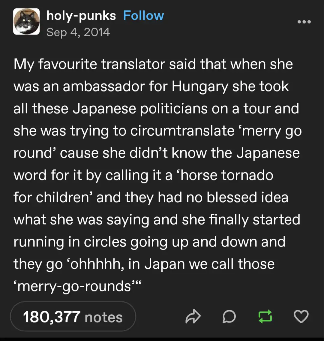 A screenshot of a Tumblr post from 2014 showing a humorous anecdote about a Hungarian translator trying to explain…