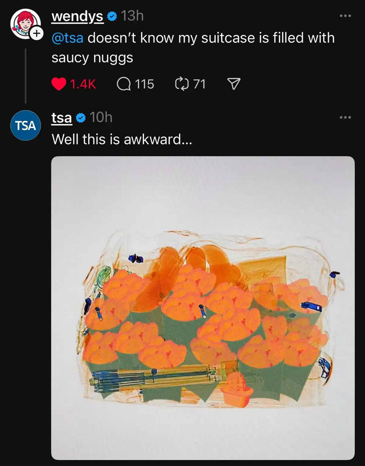 A screenshot of a Twitter thread shows Wendy's account joking that the TSA doesn't know their suitcase contains 'saucy…