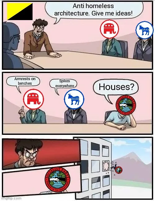 A three-panel comic shows a meeting where a man asks for ideas on 'anti-homeless architecture.' The Republican and…