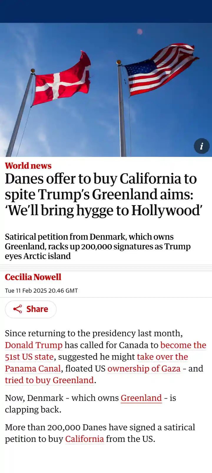 An image shows the Danish and American flags waving against a blue sky, overlaid with a news article headline about Danes…