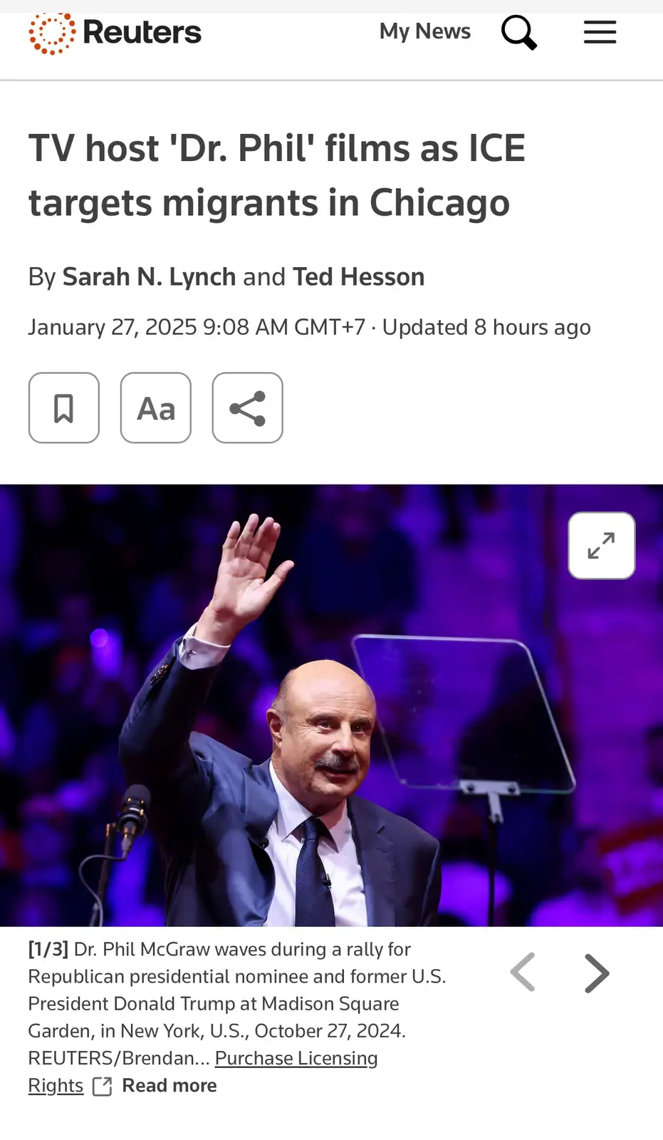 A screenshot of a Reuters news article shows a photo of Dr. Phil McGraw waving at a rally. The headline reads 'TV host 'Dr…