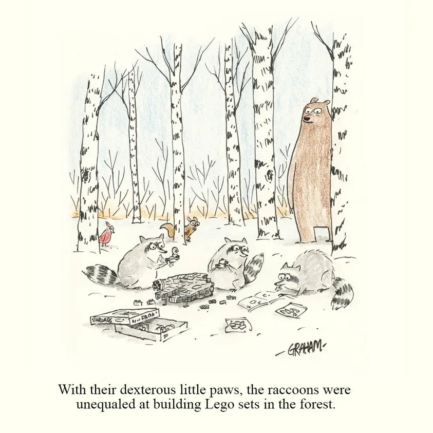 In a snowy forest, three raccoons are happily assembling Lego sets, including a Star Wars Millennium Falcon, while a…
