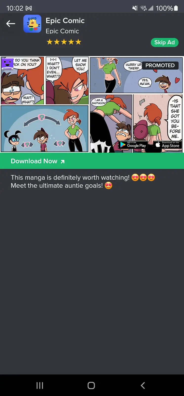 An advertisement for the 'Epic Comic' app displays a comic strip featuring characters from 'The Powerpuff Girls' and 'Danny…