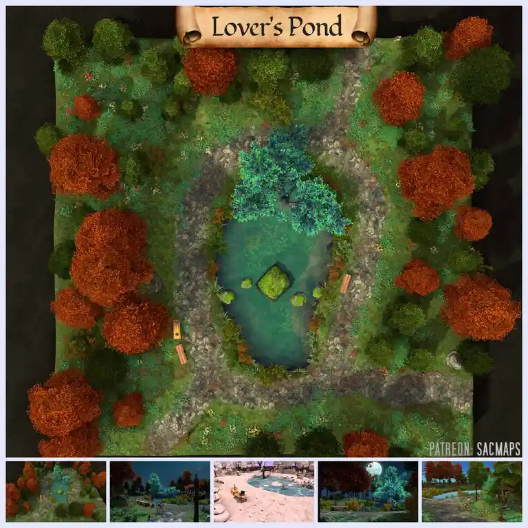An overhead fantasy map titled 'Lover's Pond' shows a central pond surrounded by stone paths, colorful trees, and a large…