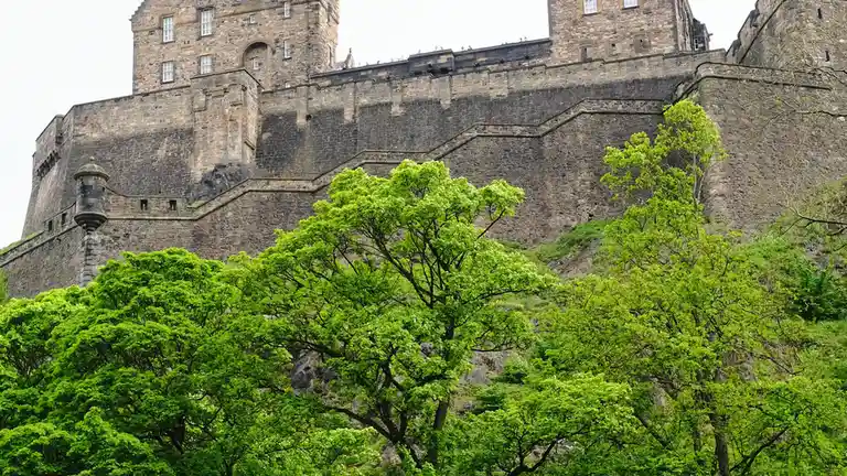 Vibrant green foliage bursts forth from the castle's rugged stone walls, as if nature's own splendor has awakened the…