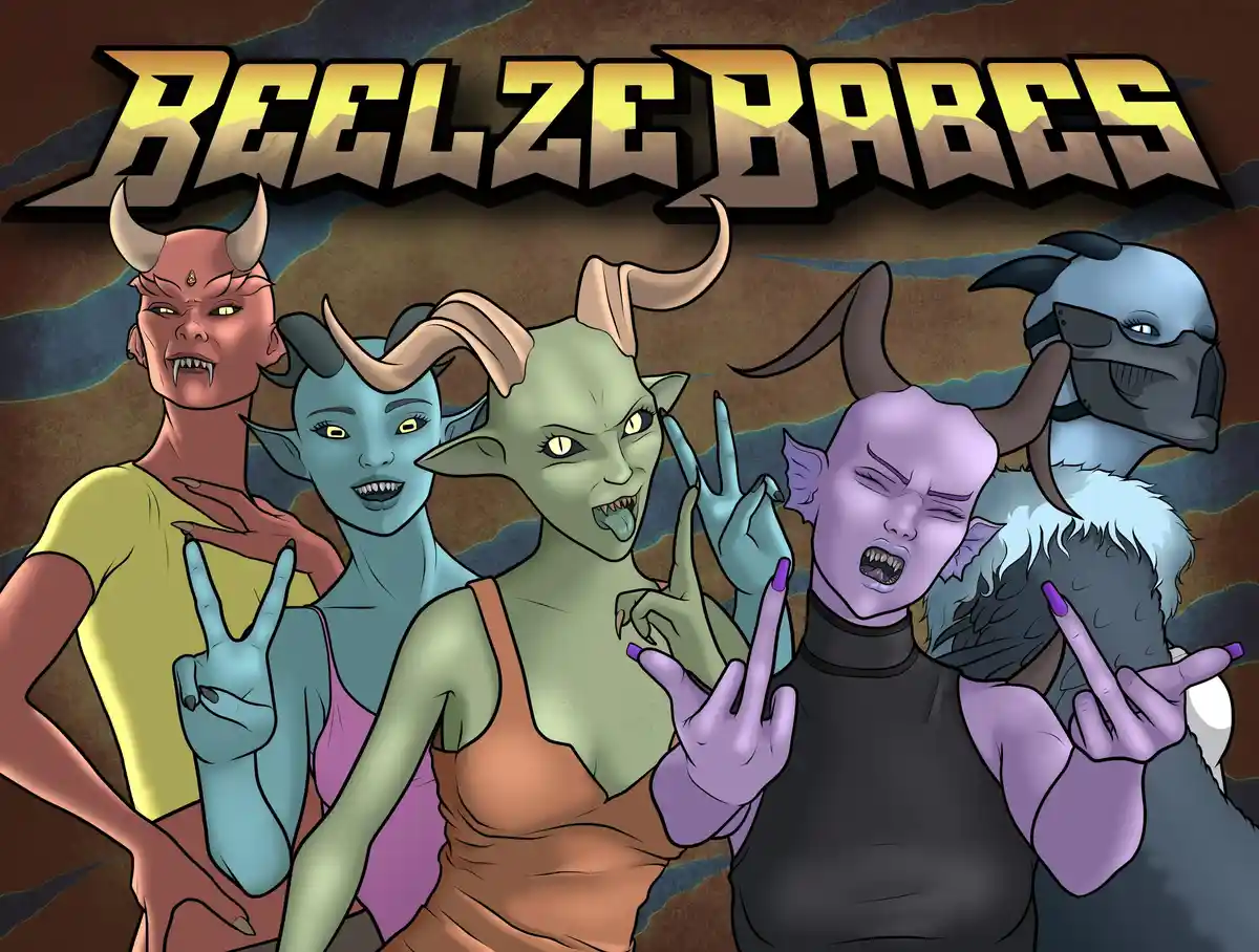 Five cartoonish demonic women with horns, pointed ears, and sharp teeth pose confidently against a stormy backdrop, making…