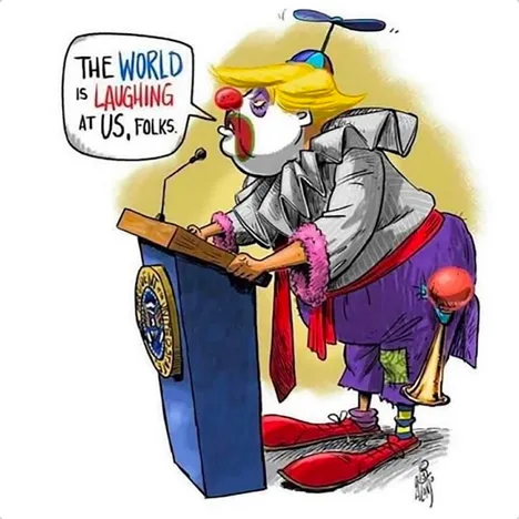 A cartoon depicts a caricature of Donald Trump dressed as a clown, standing at a podium with a presidential seal, speaking…