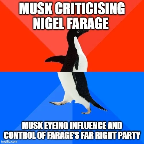 A penguin stands in the center of the image, split by a red and blue background. The top text reads 'MUSK CRITICISING NIGEL…