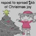 A pixelated, low-resolution image shows a child in a pink outfit and red hat standing beside a decorated Christmas tree with…