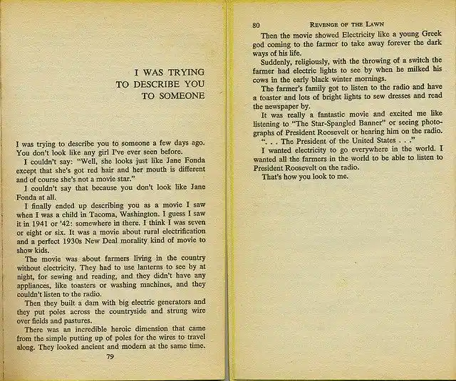 An open book page showing text from a story titled 'REVENGE OF THE LAWN'. The left page has the heading 'I WAS TRYING TO…