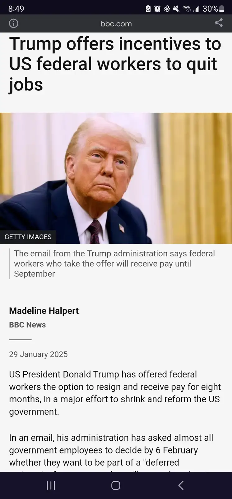 A screenshot of a BBC News article from January 29, 2025, showing a photo of Donald Trump with a serious expression. The…