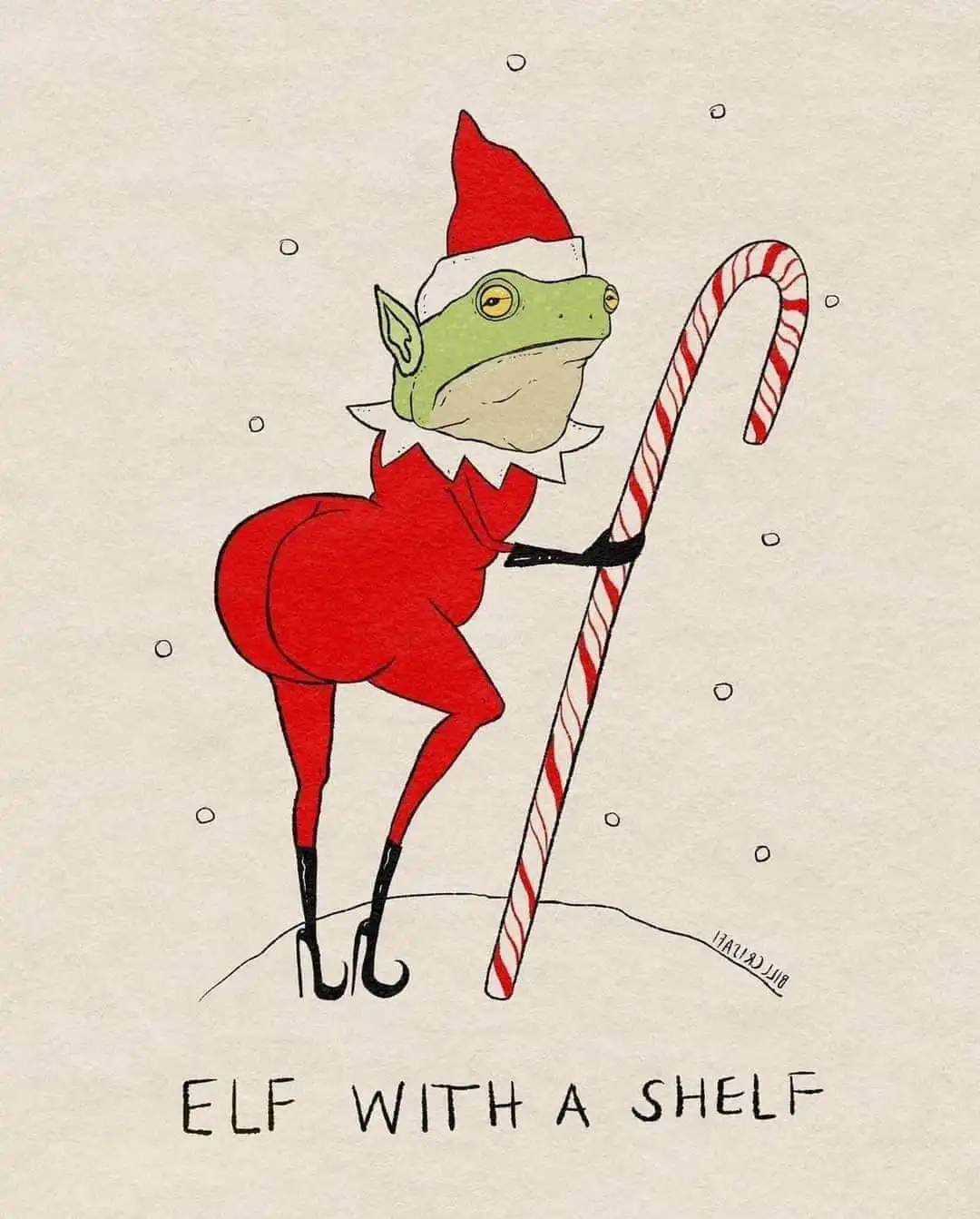 A cartoon illustration of a green-skinned, frog-like creature dressed as a Christmas elf in a red suit and hat, holding a…