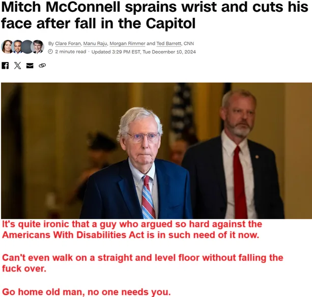 A screenshot of a CNN news article about Mitch McConnell falling in the Capitol, overlaid with red text criticizing him for…