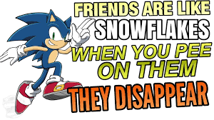 A cartoon image of Sonic the Hedgehog running forward with a cheerful expression, his right hand raised in a peace sign…