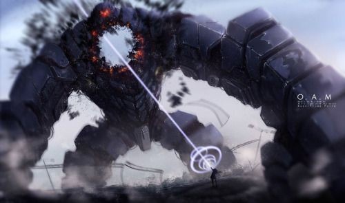 A lone, tiny human figure stands before a massive, dark, mechanical archway that is crumbling and emitting red sparks. A…