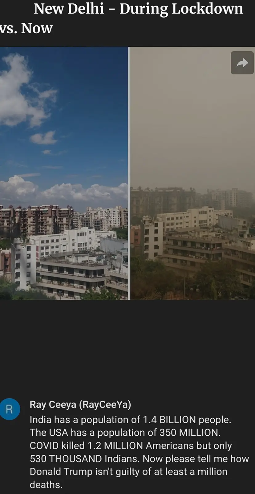 The image displays a side-by-side comparison of New Delhi, showing a clear blue sky with visible clouds over buildings on…