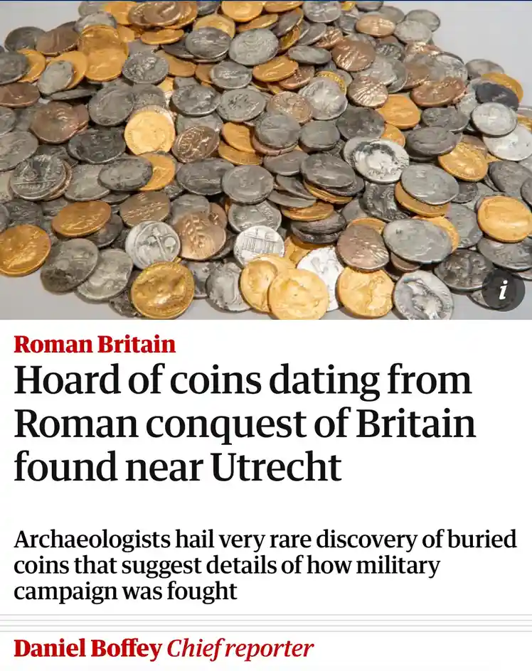 The image displays a pile of ancient coins, including gold, silver, and copper, overlaid with a news article headline that…