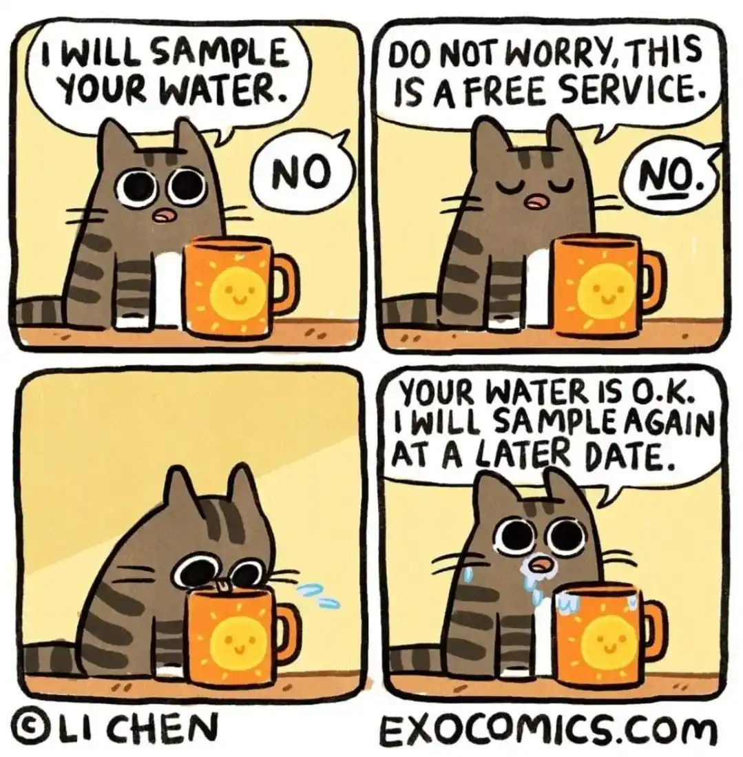 A four-panel comic strip featuring a cartoon tabby cat with a sun-face mug. In the first panel, the cat says 'I WILL SAMPLE…