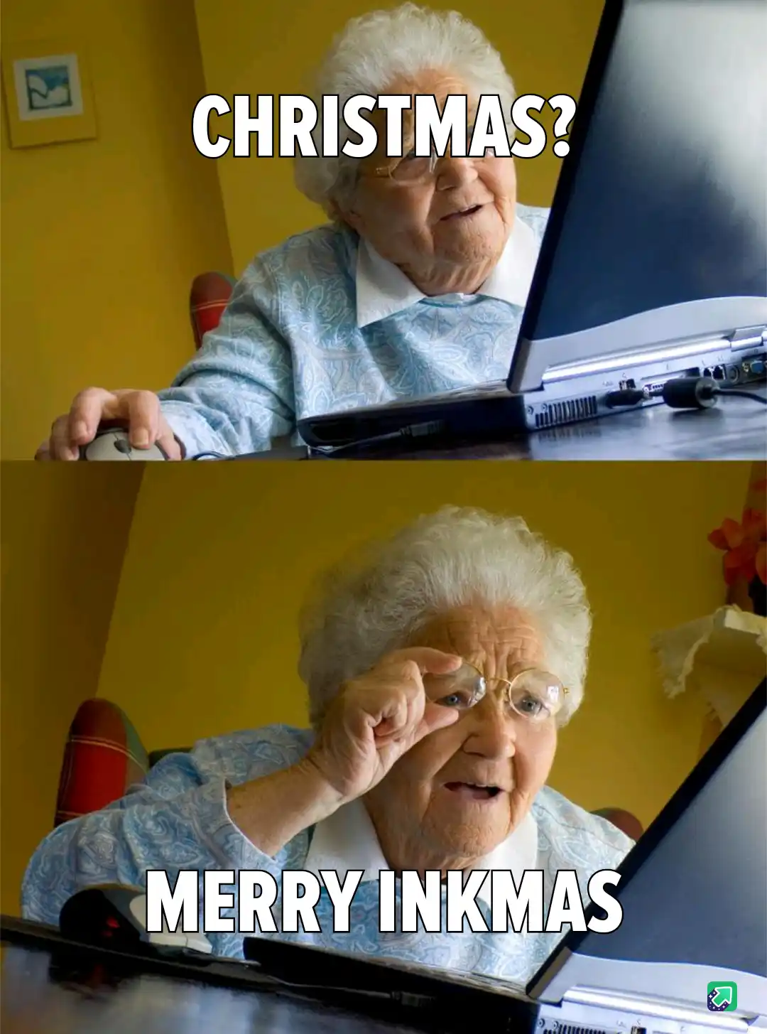 An elderly woman with white hair and glasses sits at a desk using a laptop. In the top panel, she looks confused with the…