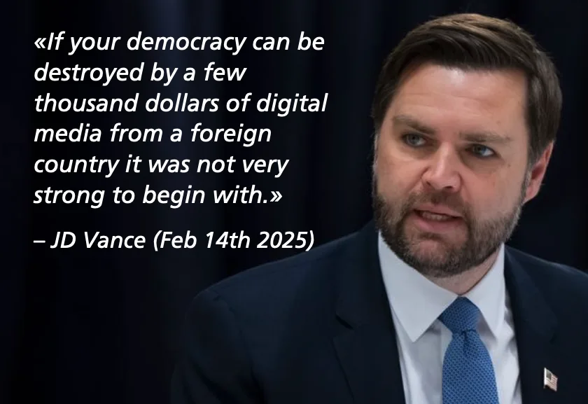 A man with a beard and blue tie is shown in a formal setting, with overlaid text quoting JD Vance: «If your democracy can be…
