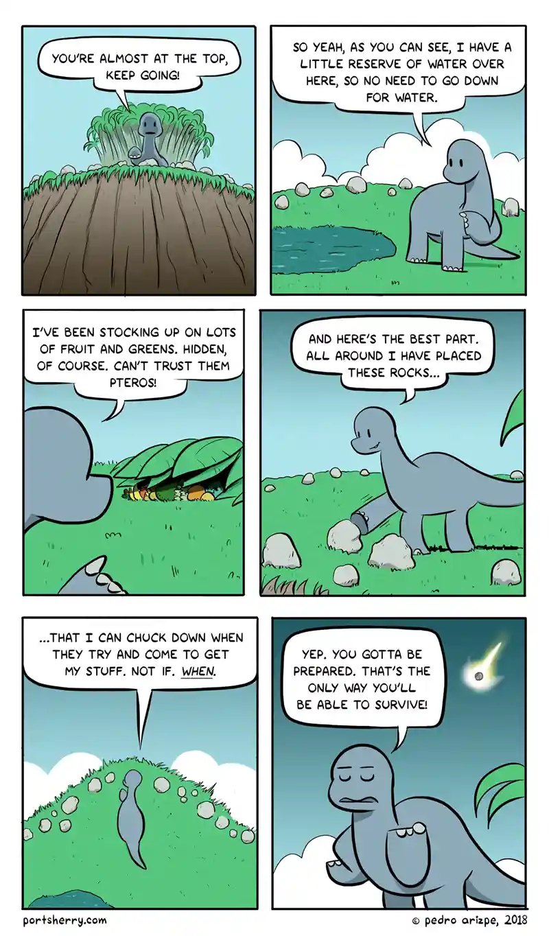 A six-panel comic strip featuring a gray, cartoonish dinosaur explaining its survival strategy to another dinosaur. It…
