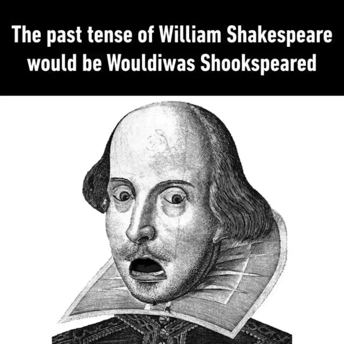 A black-and-white illustration of William Shakespeare with a shocked, wide-eyed expression and open mouth. The text overlaid…