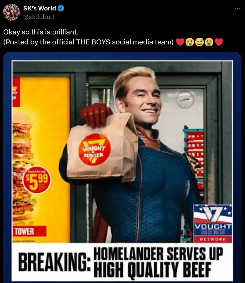 A man in a blue superhero costume with red gloves holds up a brown paper bag with a red 'VOUGHT BURGER' logo. Behind him is…
