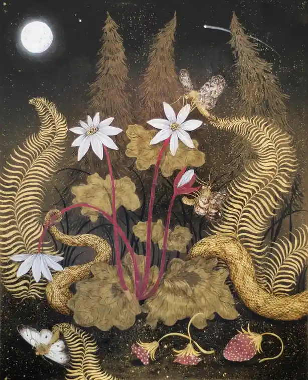 A surreal, darkly whimsical illustration depicts golden snakes coiled around white flowers with red stems, set against a…