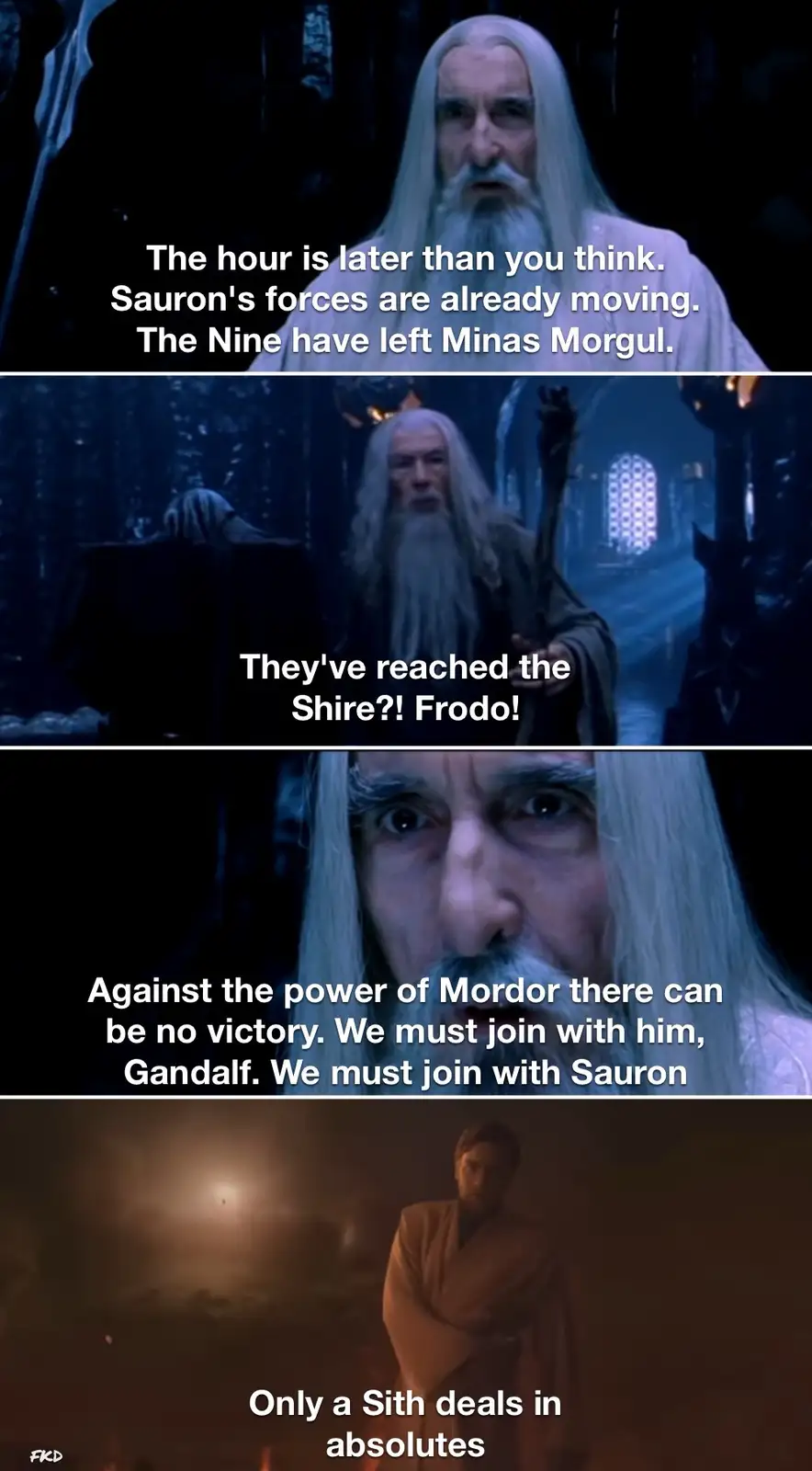 A four-panel meme featuring Gandalf from Lord of the Rings, who progressively becomes more desperate and unhinged…