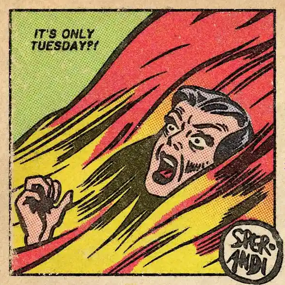 A vintage comic book style illustration shows a man with a horrified expression, mouth open in shock, as he appears to be…