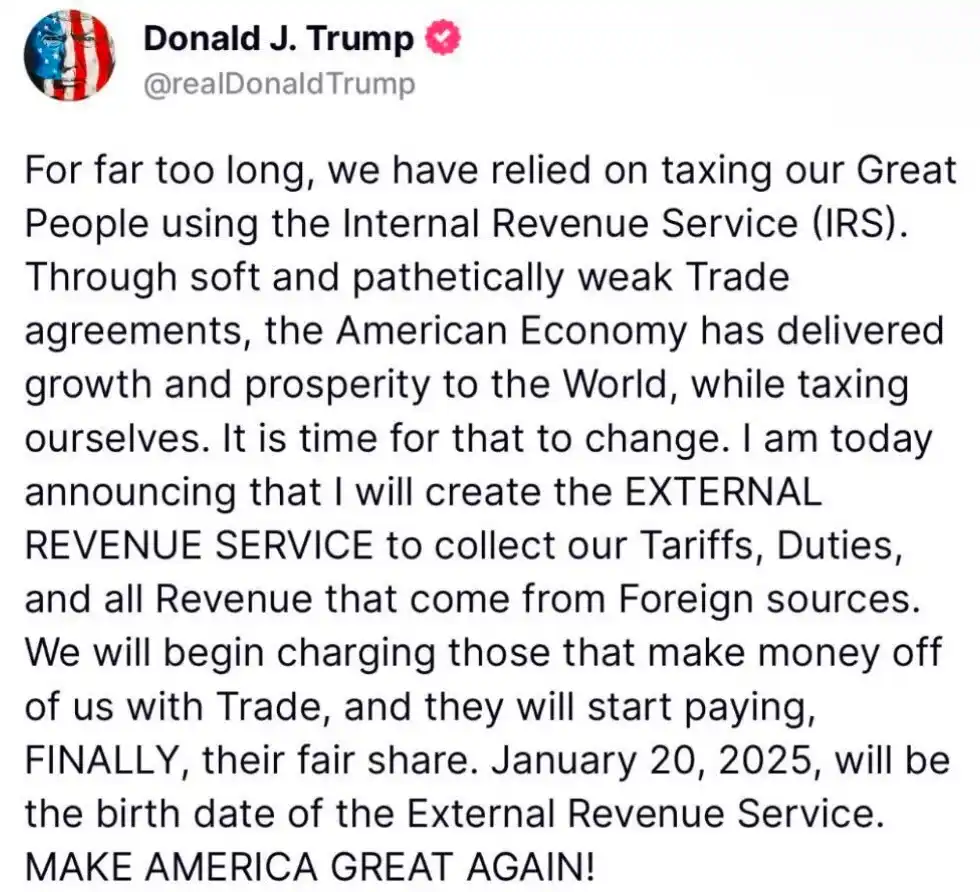 A screenshot of a tweet from Donald J. Trump's official account, featuring his profile picture and a long text post. The…