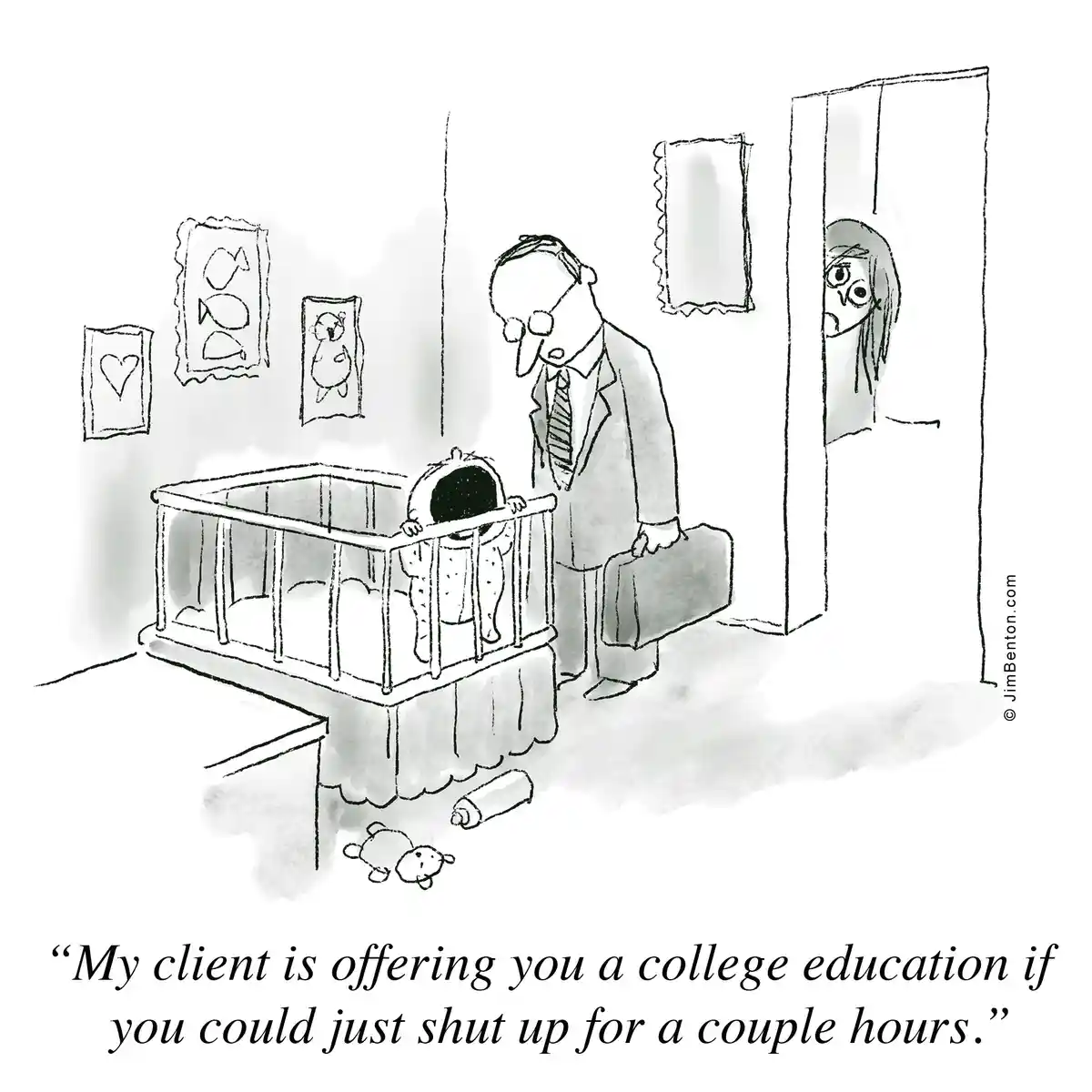 A black-and-white cartoon depicts a man in a suit holding a briefcase standing beside a baby's crib, where a baby is…