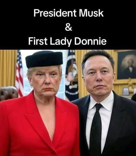 A photo shows Elon Musk and Donald Trump standing side by side in a formal setting resembling the Oval Office, with American…