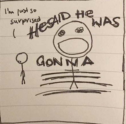 A hand-drawn image on lined notebook paper shows a stick figure standing on a diving board, with a large, surprised face…