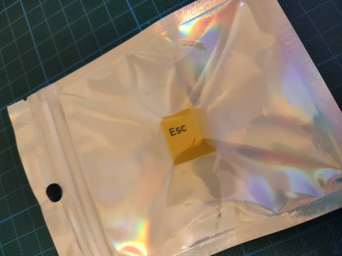A single yellow computer keyboard keycap labeled 'Esc' sits inside a crinkled, iridescent anti-static bag resting on a green…