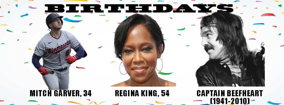 A celebratory birthday meme featuring three individuals: a baseball player in a Minnesota uniform, actress Regina King, and…