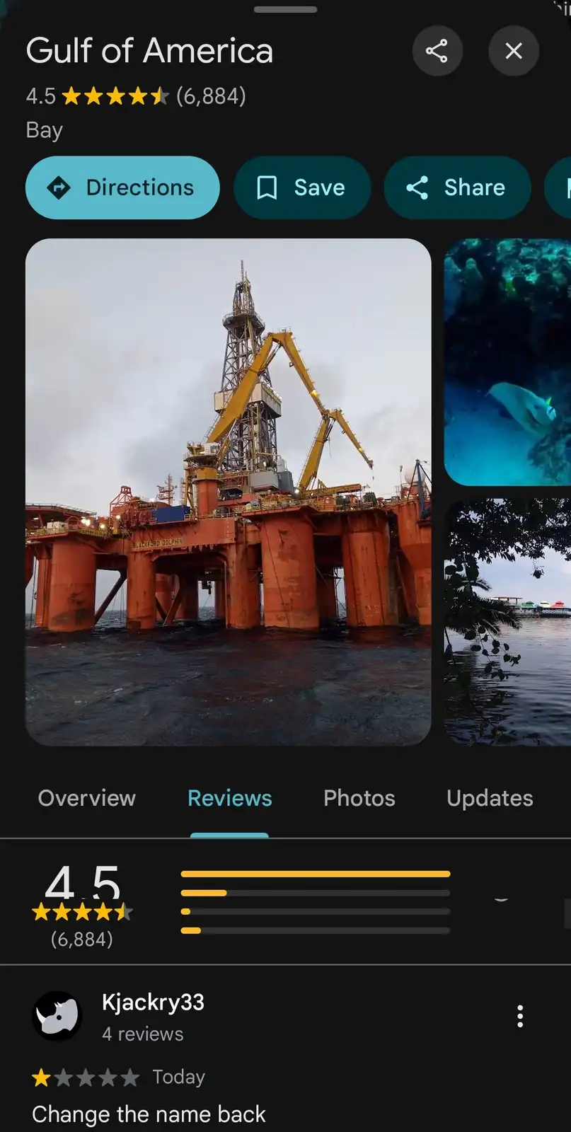 A screenshot of a Google Maps listing for a location named 'Gulf of America' with a 4.5-star rating, showing a photo of an…