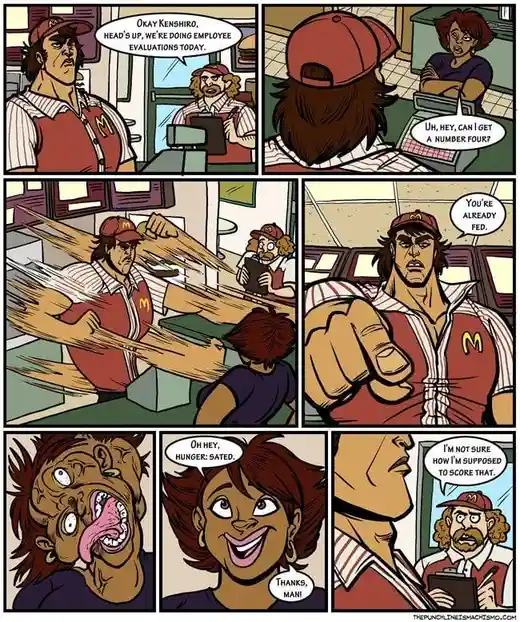 A six-panel comic strip depicts a McDonald's employee, Kenshiro, being evaluated by a manager. A customer asks for a number…