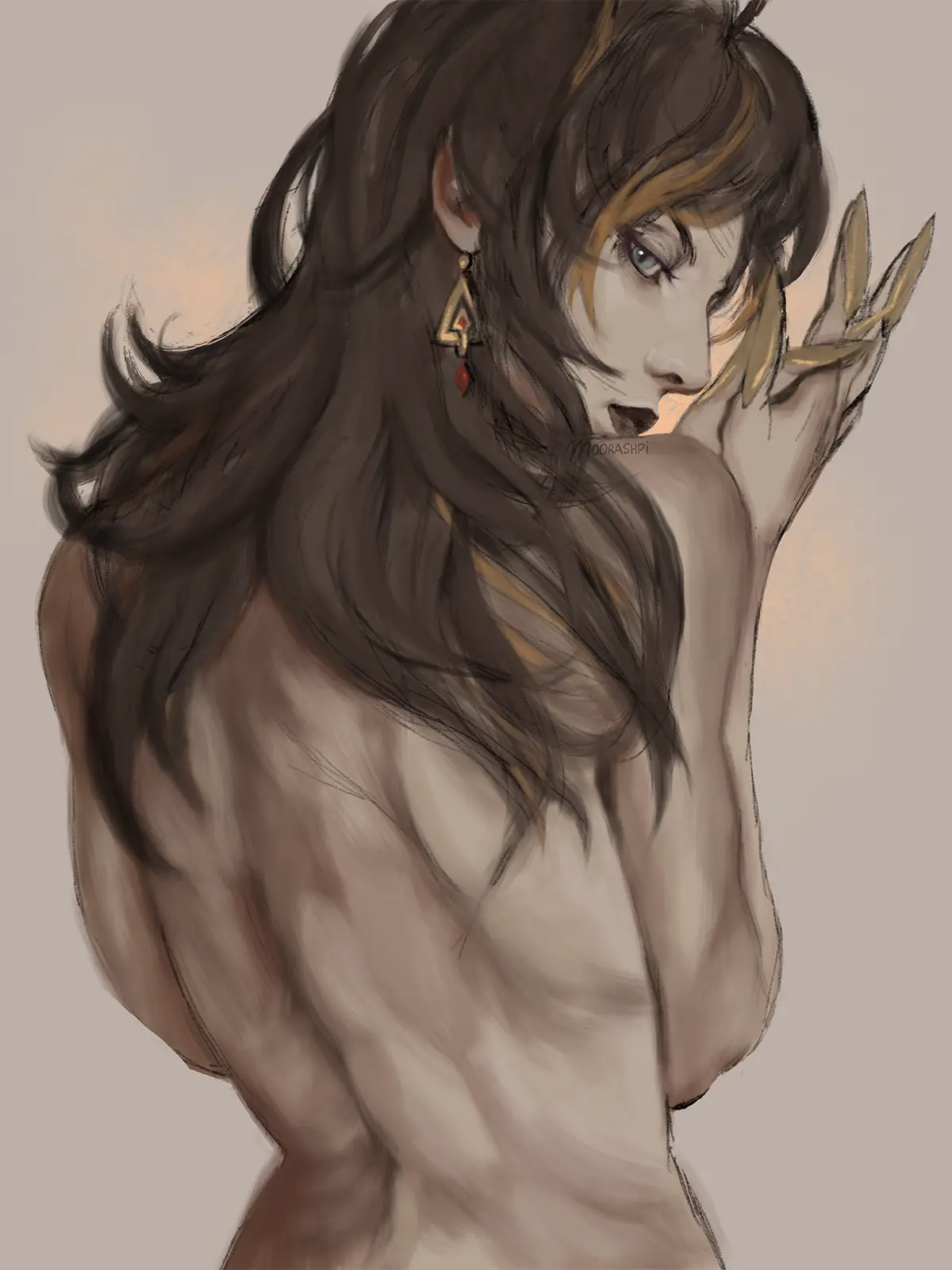 A digital painting of a muscular, shirtless woman with long dark hair and a gold laurel wreath, looking over her shoulder…