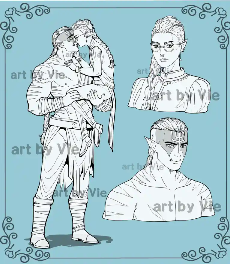 A black-and-white line art character sheet featuring two elf-like figures: one male with pointed ears and facial markings…
