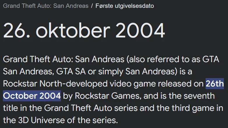 A screenshot of a Wikipedia-style article about Grand Theft Auto: San Andreas, highlighting its release date as October 26…