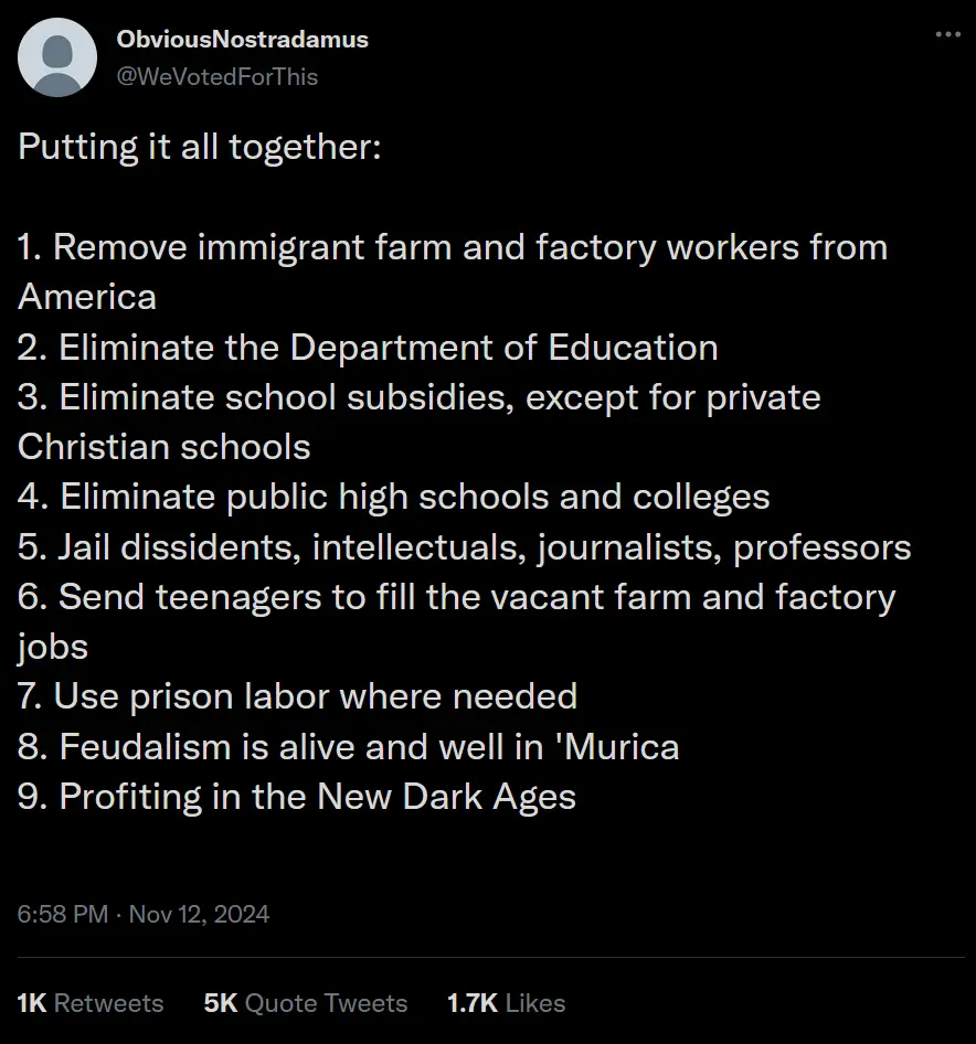 A screenshot of a tweet from 'ObviousNostradamus' with a black background and white text listing nine satirical policy…