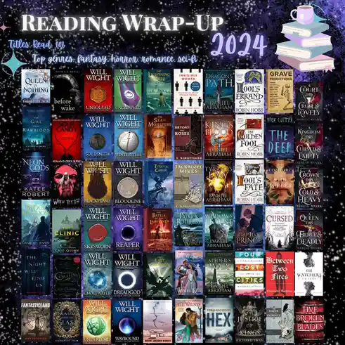 A 2024 reading wrap-up collage displays 106 book covers arranged in a grid against a sparkly purple background. Text at the…