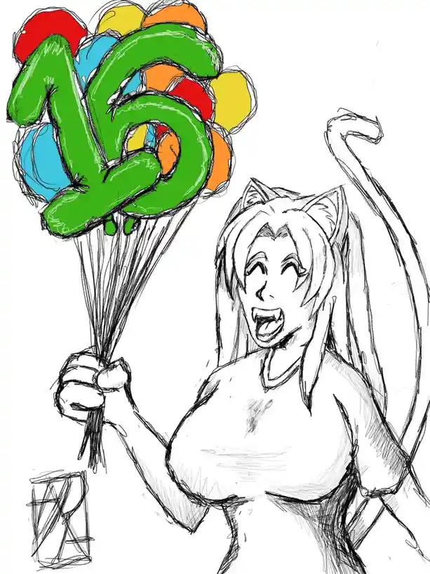 A sketch-style drawing shows a cat-eared anime girl with a wide, excited grin, holding a large bunch of colorful balloons…